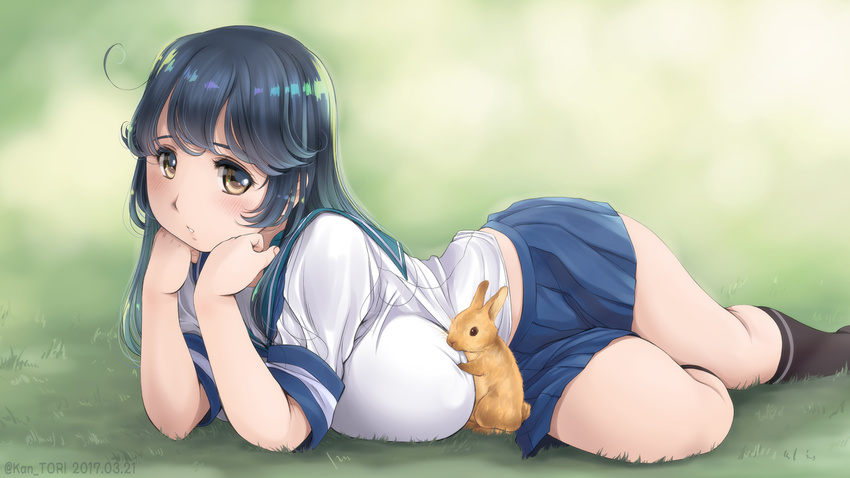 ahoge black_hair black_legwear blush breasts brown_eyes bunny chin_rest grass head_rest huge_breasts kantai_collection kantori kneehighs long_hair looking_at_viewer lying midriff on_stomach parted_lips pleated_skirt school_uniform serafuku skirt solo ushio_(kantai_collection)