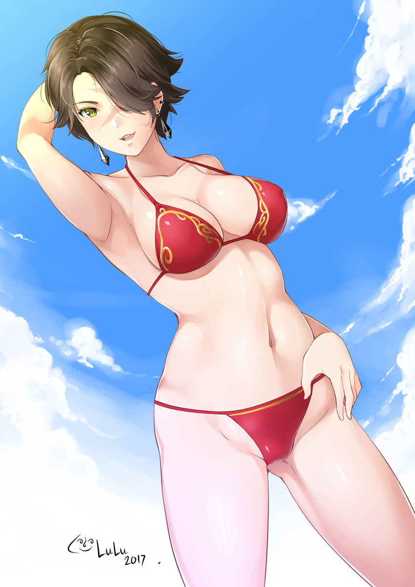 arm_up armpits artist_name bikini black_hair breasts cinder_fall cleavage cloud collarbone cowboy_shot dated day highres jewelry large_breasts lenny_face looking_at_viewer lulu-chan92 open_mouth rwby scar scar_across_eye shiny shiny_skin short_hair simple_background sky solo swimsuit yellow_eyes