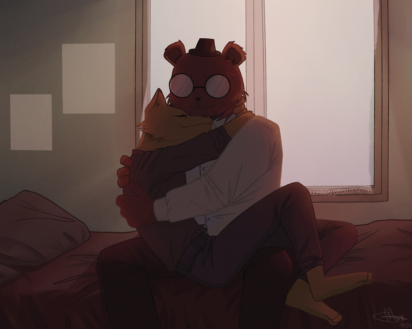 .max. 2017 angus_(nitw) anthro barefoot bear bed bedroom belt brown_fur canine clothing embrace eyes_closed eyewear fox fur glasses gregg_(nitw) hat love male male/male mammal night_in_the_woods pants romantic_couple shirt sitting smile tailless yellow_fur