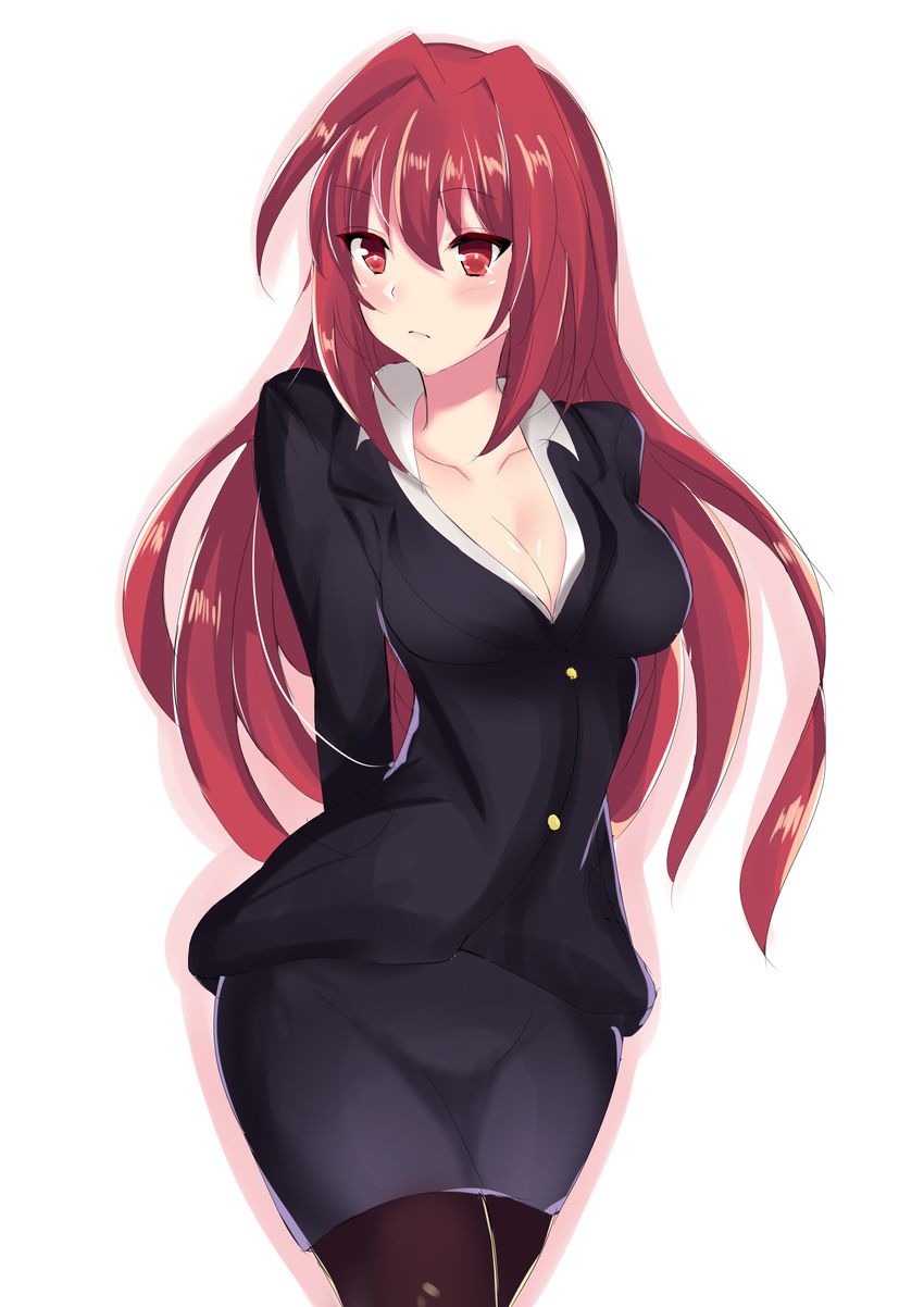 absurdres bad_id bad_pixiv_id bangs blush breasts business_suit cleavage covered_navel fate/grand_order fate_(series) formal hair_between_eyes highres long_hair looking_to_the_side pantyhose purple_hair red_eyes rekung scathach_(fate)_(all) scathach_(fate/grand_order) solo suit