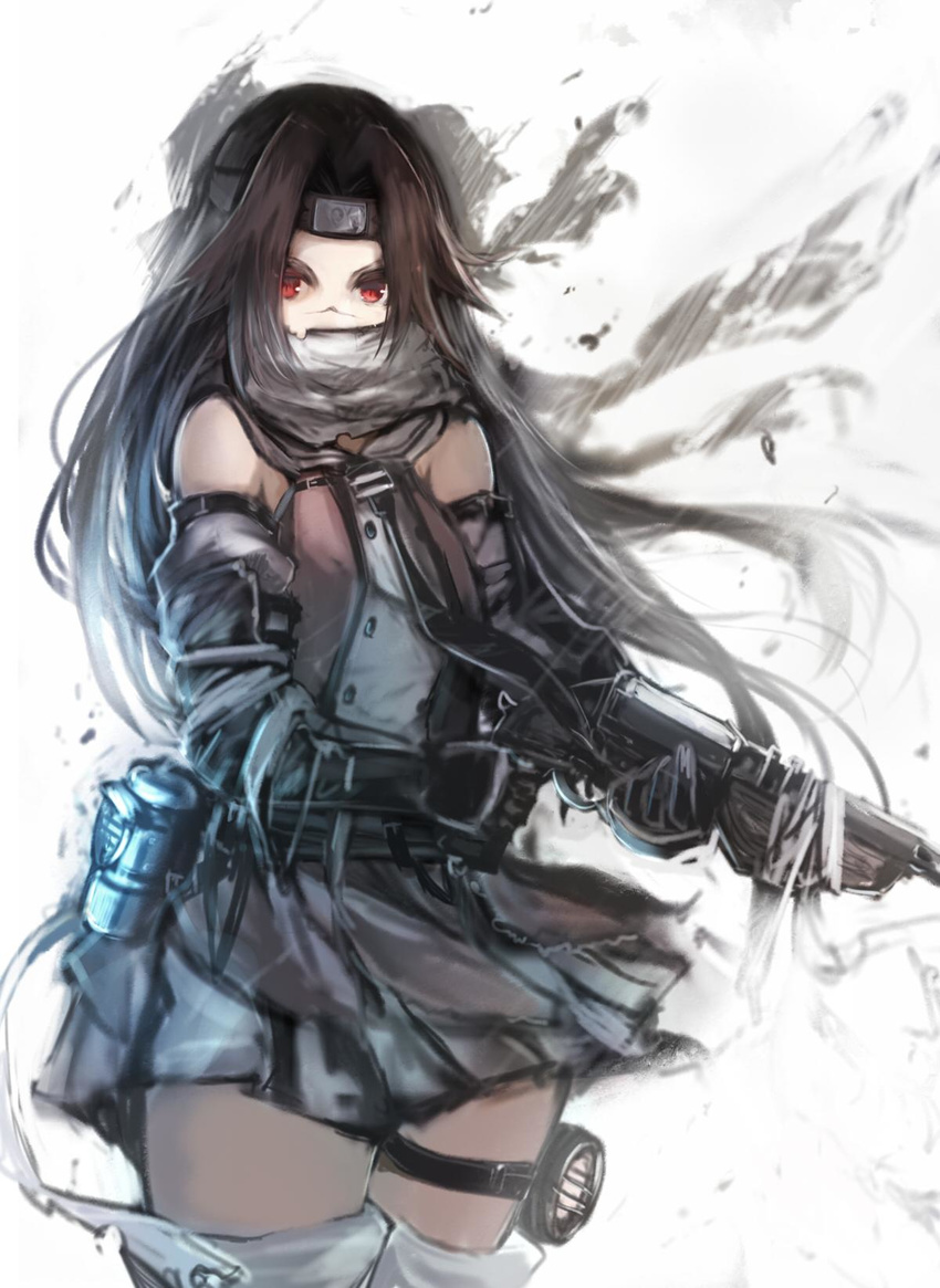 brown_hair cosplay detached_sleeves elbow_gloves forehead_protector gloves hair_intakes half_updo headband highres jintsuu_(kantai_collection) kantai_collection long_hair pumpkin_scissors randal_orlando randal_orlando_(cosplay) remodel_(kantai_collection) scar searchlight solo sumisu_(mondo) thighhighs