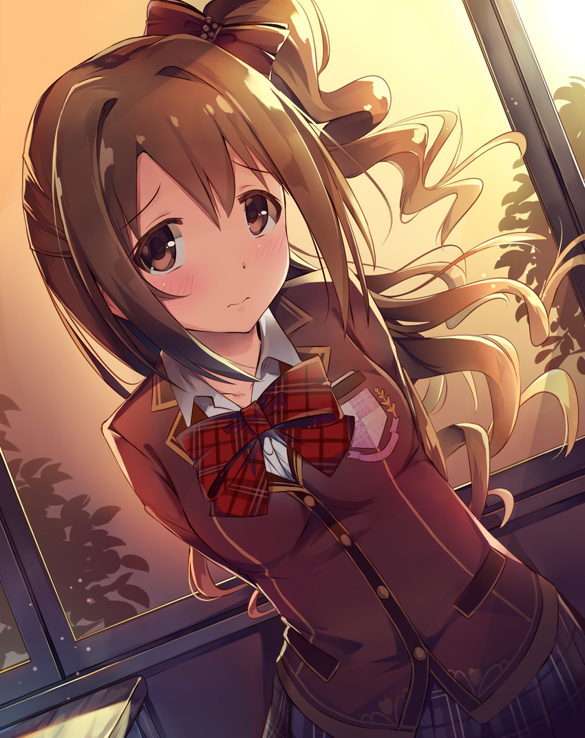 absurdres arms_behind_back backlighting blazer brown_eyes brown_hair classroom commentary_request dutch_angle highres idolmaster idolmaster_cinderella_girls idolmaster_cinderella_girls_starlight_stage indoors jacket long_hair looking_at_viewer love_letter_(idolmaster) one_side_up plaid plaid_skirt seneto shimamura_uzuki skirt solo sunset