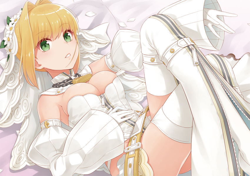 1girl ass bangs bare_shoulders belt blonde_hair breasts bridal_veil chains cleavage commentary_request detached_collar detached_sleeves dress eyebrows_visible_through_hair fate/grand_order fate_(series) flower full-length_zipper gloves green_eyes ha-ru hair_intakes hand_on_own_stomach hand_up juliet_sleeves knees_up legs_crossed lock long_sleeves looking_at_viewer lying medium_breasts nero_claudius_(bride)_(fate) nero_claudius_(fate)_(all) on_back padlock parted_lips puffy_sleeves sleeves_past_wrists solo thighhighs thighs veil white_dress white_flower white_gloves white_legwear zipper zipper_pull_tab