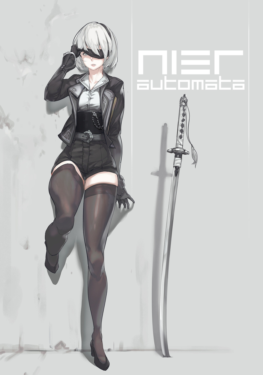 absurdres alternate_costume blindfold blindfold_lift copyright_name gloves high_heels highres jacket katana nier_(series) nier_automata nogchasaeg_(karon2848) planted_sword planted_weapon shorts silver_eyes solo sword thighhighs weapon yorha_no._2_type_b