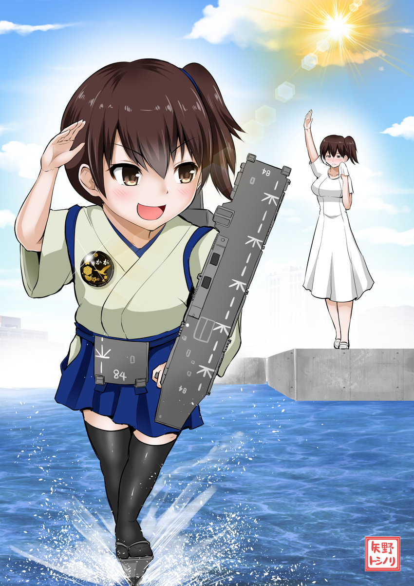 badge blue_hakama breasts brown_eyes brown_hair button_badge comic commentary dock dress flight_deck hakama handkerchief highres japanese_clothes kaga_(jmsdf) kaga_(kantai_collection) kantai_collection large_breasts lens_flare multiple_girls ocean open_mouth rigging salute shoes short_sleeves side_ponytail smile standing standing_on_liquid sun thighhighs waving white_dress wide_sleeves yano_toshinori