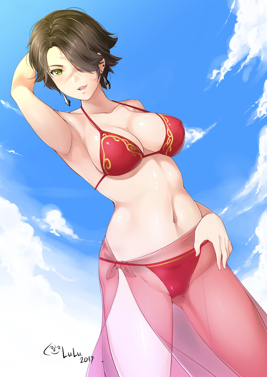 arm_up armpits artist_name bikini black_hair breasts cinder_fall cleavage cloud collarbone cowboy_shot dated day highres jewelry large_breasts lenny_face looking_at_viewer lulu-chan92 open_mouth rwby scar scar_across_eye see-through shiny shiny_skin short_hair simple_background sky solo swimsuit yellow_eyes