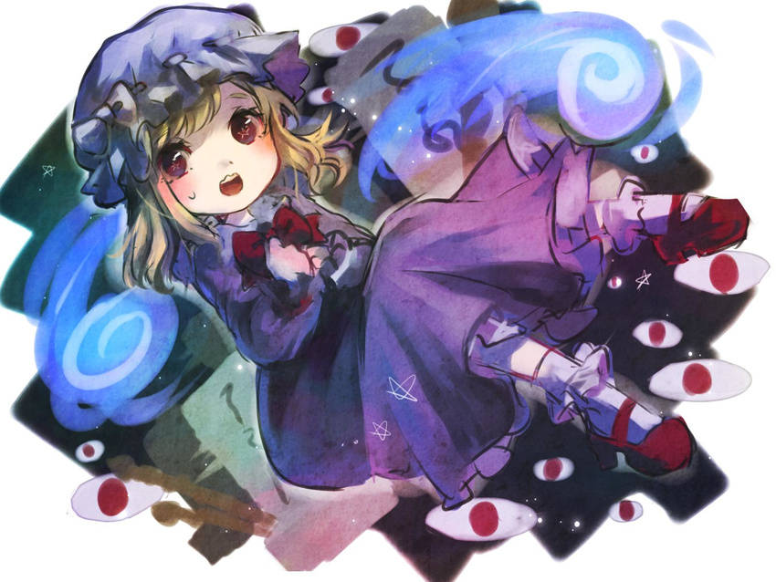blonde_hair bow dress eyes hat highres long_sleeves maribel_hearn mary_janes mob_cap open_mouth purple_dress sanso shoes short_hair socks solo star star-shaped_pupils sweatdrop symbol-shaped_pupils touhou wavy_mouth white_legwear