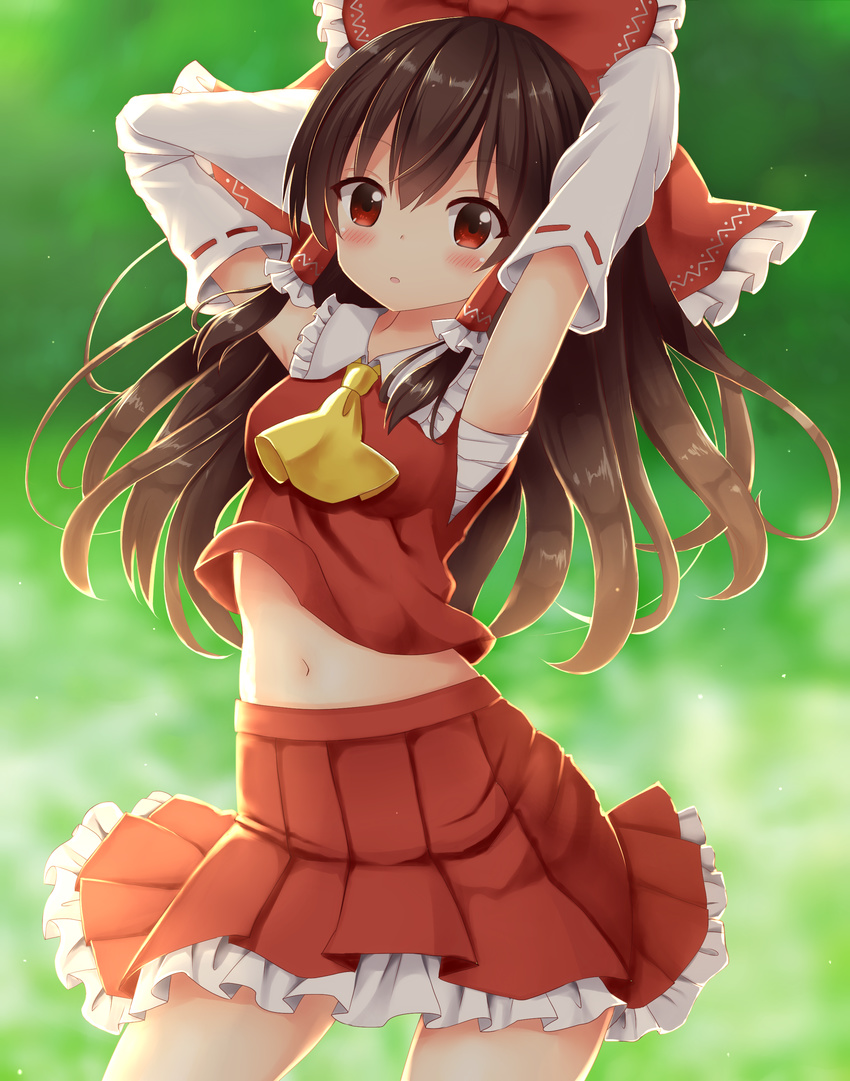 absurdres armpits arms_behind_head ascot black_hair blush bow breasts brown_hair commentary_request cowboy_shot detached_sleeves frilled_shirt_collar frills hair_between_eyes hair_bow hakurei_reimu highres long_hair long_sleeves looking_at_viewer navel parted_lips petticoat red_bow red_eyes red_shirt red_skirt ribbon-trimmed_sleeves ribbon_trim sarashi shirt skirt skirt_set small_breasts solo stomach suigetsu_(watermoon-910) touhou