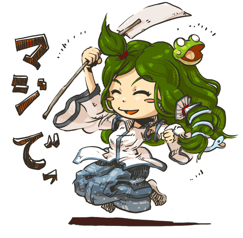 chibi closed_eyes commentary_request detached_sleeves frog frog_hair_ornament gohei green_hair hair_ornament kochiya_sanae long_hair niy_(nenenoa) notice_lines open_mouth smile snake snake_hair_ornament solo touhou