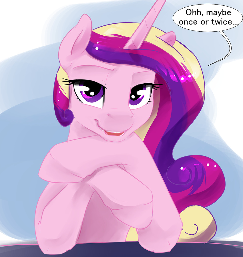 2017 english_text equine female feral friendship_is_magic grey_background hair horn looking_at_viewer mammal multicolored_hair my_little_pony princess_cadance_(mlp) purple_eyes silfoe simple_background smile solo text unicorn