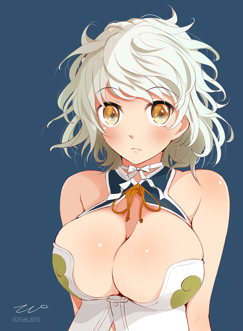 adapted_costume alternate_hairstyle asymmetrical_hair bare_shoulders blue_background breasts cleavage cleavage_cutout cloud_print dated halterneck highres kantai_collection large_breasts looking_at_viewer short_hair silver_hair solo tebi_(tbd11) unryuu_(kantai_collection) wavy_hair yellow_eyes