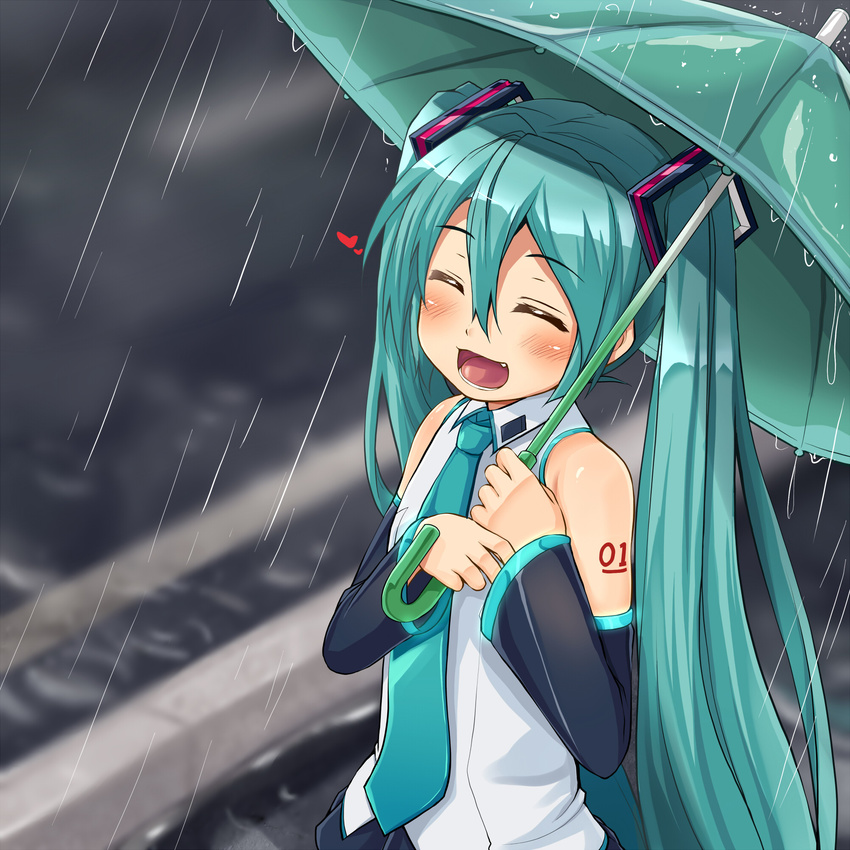 :d ^_^ aqua_hair aqua_neckwear aqua_umbrella bare_shoulders blush closed_eyes detached_sleeves fang happy hatsune_miku heart highres holding holding_umbrella kitsunerider long_hair necktie open_mouth outdoors rain smile solo twintails umbrella upper_body very_long_hair vocaloid wing_collar