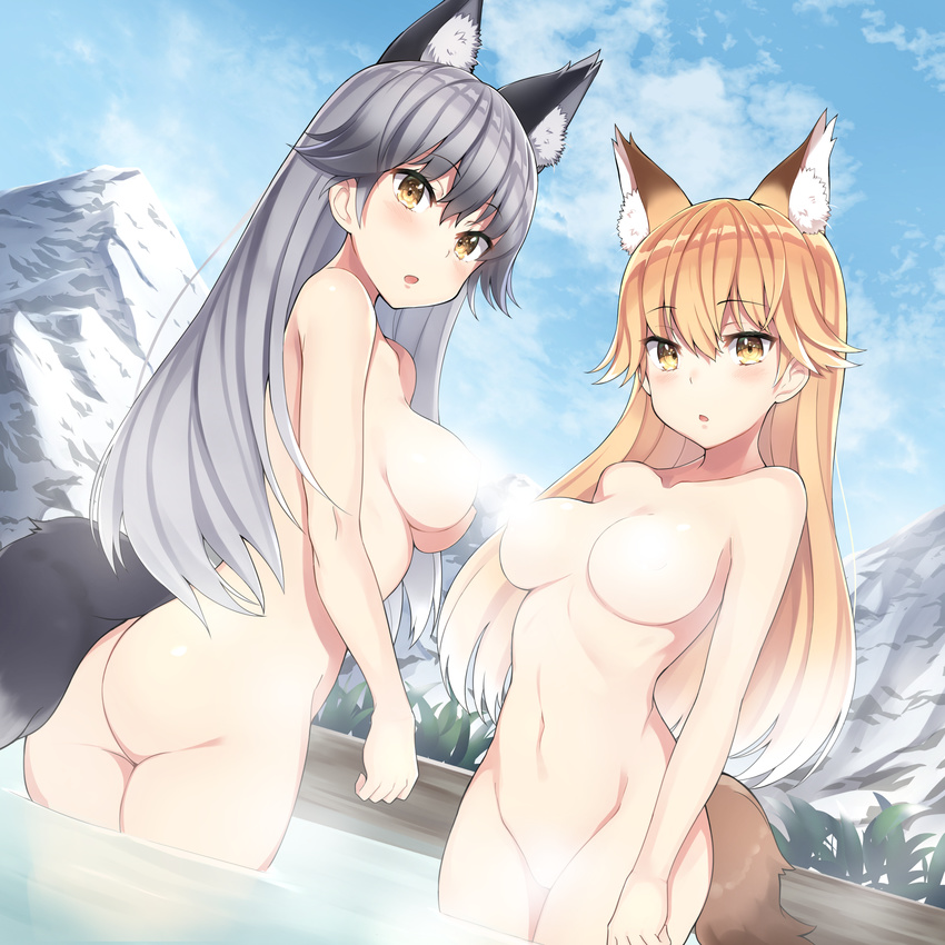 animal_ears ass bangs blonde_hair blue_sky breasts cloud cloudy_sky convenient_censoring day ezo_red_fox_(kemono_friends) fox_ears fox_tail highres kemono_friends long_hair looking_at_viewer looking_back md5_mismatch medium_breasts mountain multiple_girls navel nude onsen outdoors silver_fox_(kemono_friends) silver_hair sky standing steam steam_censor tail usa_b very_long_hair wading yellow_eyes