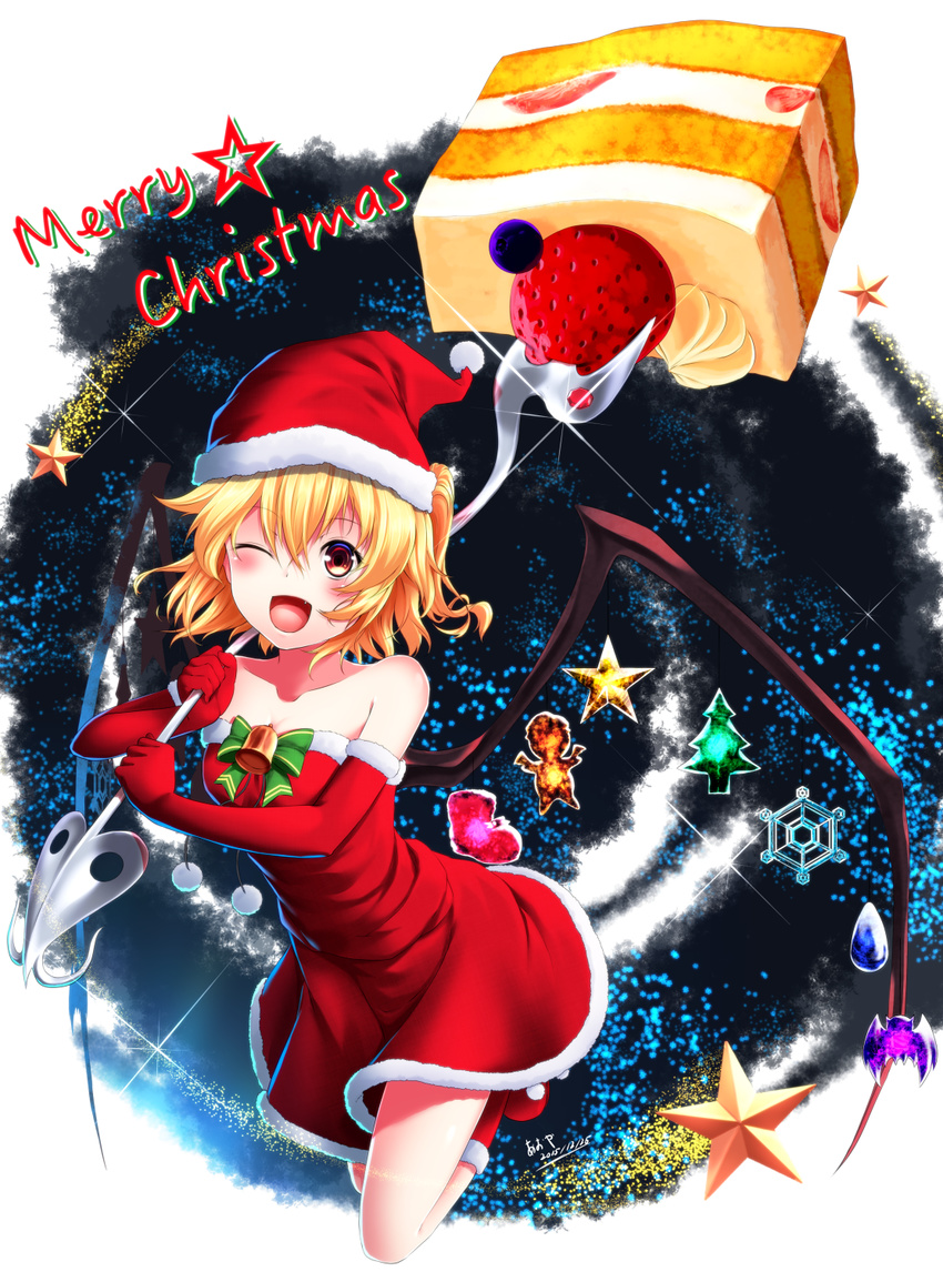;d alternate_costume aono_meri bare_shoulders blonde_hair blueberry blush boots breasts cake christmas christmas_ornaments collarbone dated dress elbow_gloves fang flandre_scarlet food fruit full_body fur_trim glitter gloves hair_between_eyes hat highres laevatein looking_at_viewer merry_christmas off-shoulder_dress off_shoulder one_eye_closed open_mouth red_dress red_eyes red_footwear red_gloves santa_costume santa_hat side_ponytail small_breasts smile solo star strawberry touhou wings