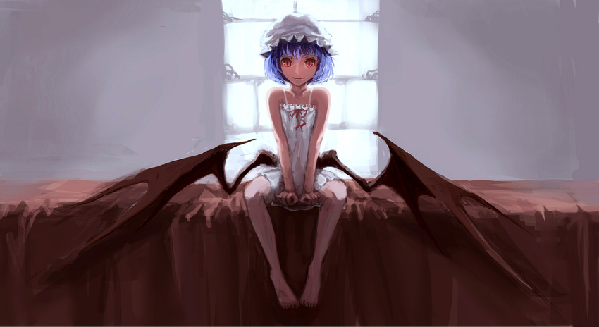 bare_arms bare_legs bare_shoulders barefoot bed bed_sheet between_legs closed_mouth dress fang flat_chest frills full_body hand_between_legs hat highres indoors koog looking_at_viewer mob_cap nightgown on_bed open_eyes purple_hair red_eyes red_wings remilia_scarlet ribbon short_hair sitting sitting_on_bed sleeveless sleeveless_dress smile solo toe_scrunch touhou vampire white_dress window wings