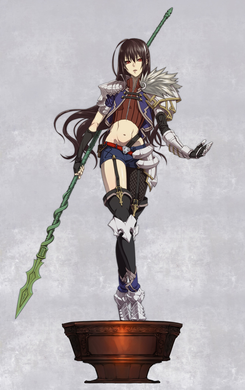 1girl armor belt black_hair boots breasts cosplay fate/prototype fate_(series) fur gauntlets grey_background lancer_(fate/prototype) lancer_(fate/prototype)_(cosplay) lips midriff navel open_mouth red_eyes reiroukan_misaya short_shorts shorts shoulder_pads spear thigh_boots very_long_hair weapon