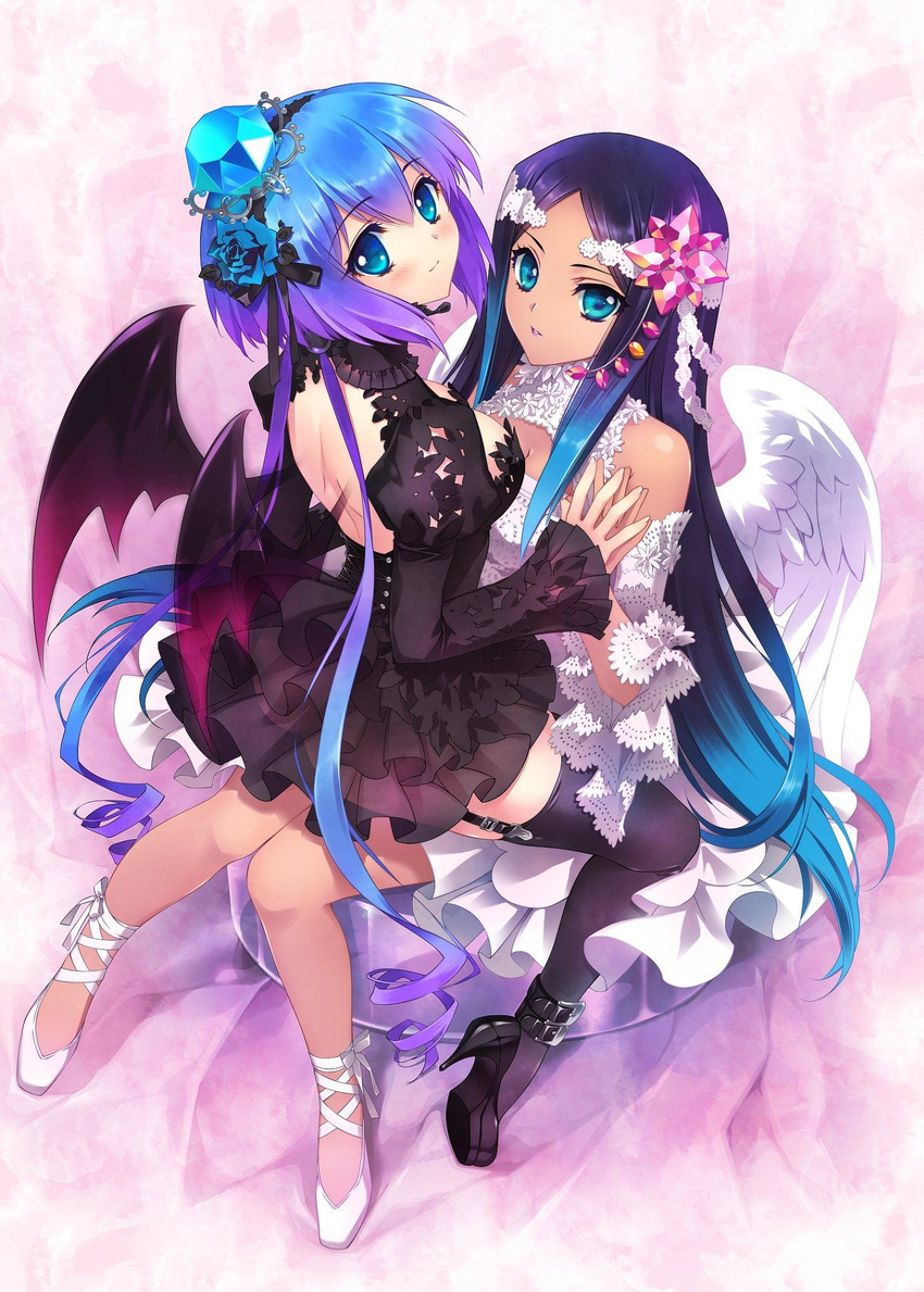 angel_wings aoki_lapis bare_shoulders black_hair black_legwear blue_eyes blue_flower blue_hair blue_rose carnelian cross-laced_footwear dark_skin demon_wings dress flower frills garter_straps hair_flower hair_ornament high_heels highres lace lace-up_heels long_hair looking_at_viewer merli_(vocaloid) multicolored_hair multiple_girls rose siblings sisters source_request thighhighs two-tone_hair vocaloid wings