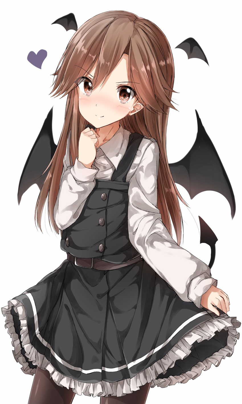 arashio_(kantai_collection) bangs belt black_dress black_legwear black_wings closed_mouth commentary_request cosplay cowboy_shot demon_girl demon_tail demon_wings dress dress_shirt frilled_dress frills head_wings heart highres kantai_collection koakuma koakuma_(cosplay) long_hair long_sleeves looking_at_viewer pantyhose pentagon_(railgun_ky1206) pinafore_dress remodel_(kantai_collection) shirt short_dress single_stripe skirt_hold smile solo standing striped striped_dress tail touhou white_shirt wings