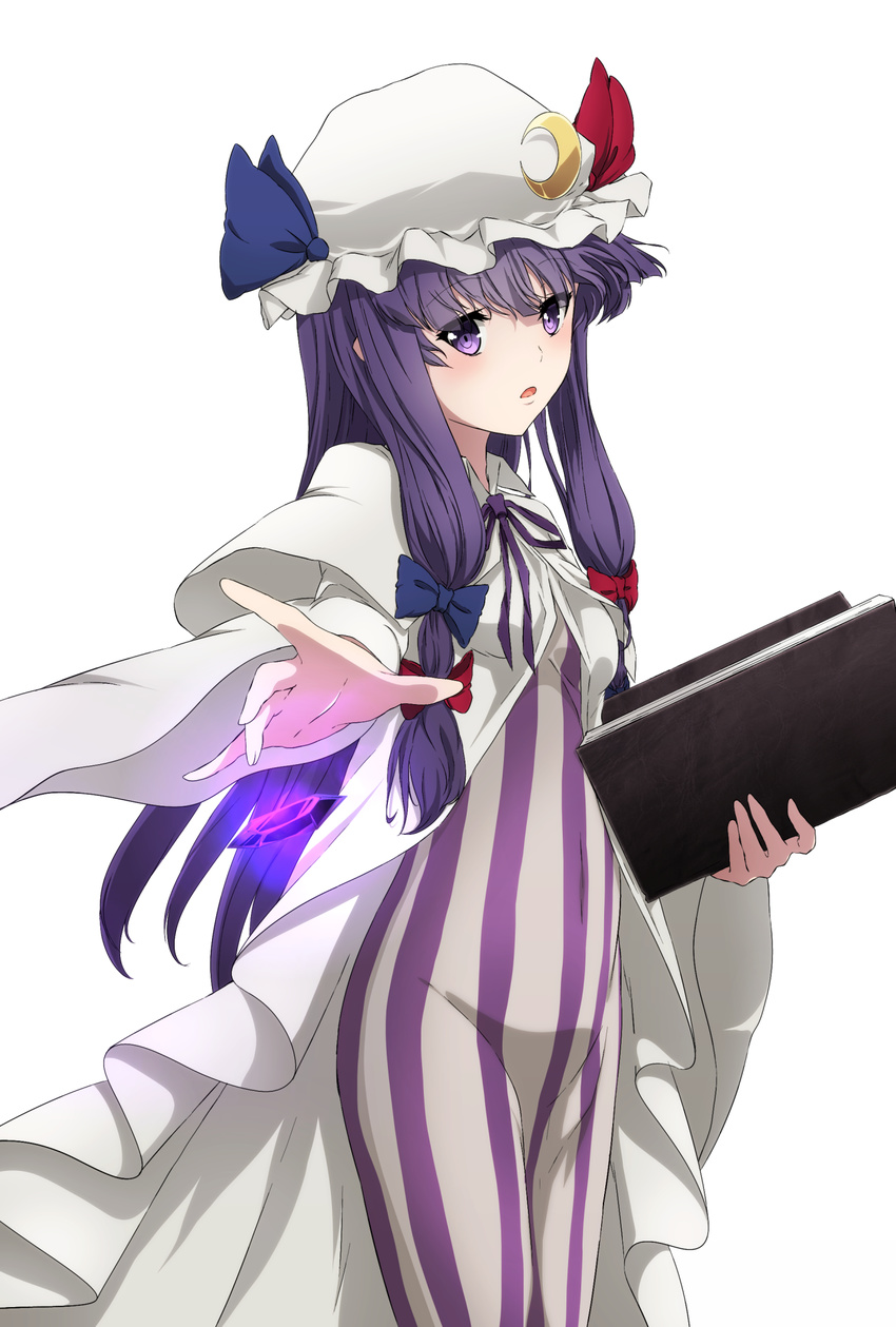 aono_meri book bow capelet commentary_request crescent crystal dress glowing hair_bow hair_ornament hat highres long_hair long_sleeves looking_at_viewer mob_cap open_book open_mouth outstretched_arm patchouli_knowledge purple_eyes purple_hair simple_background solo striped striped_dress touhou vest white_background wide_sleeves