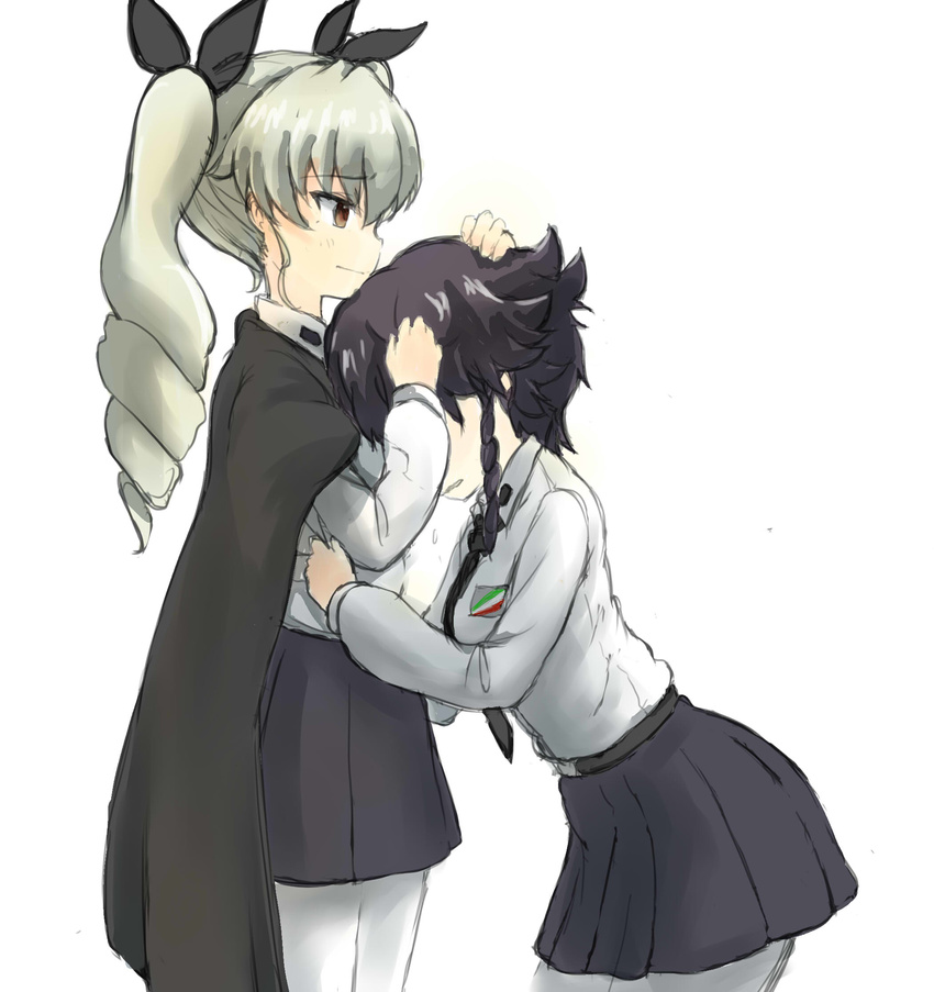 anchovy anzio_school_uniform black_bow black_cape black_neckwear black_skirt bow cape comforting crying drill_hair girls_und_panzer green_hair hair_bow head_on_chest highres looking_at_another multiple_girls necktie open_mouth pantyhose pepperoni_(girls_und_panzer) skirt teardrop tears twintails wabiushi white_legwear yellow_eyes