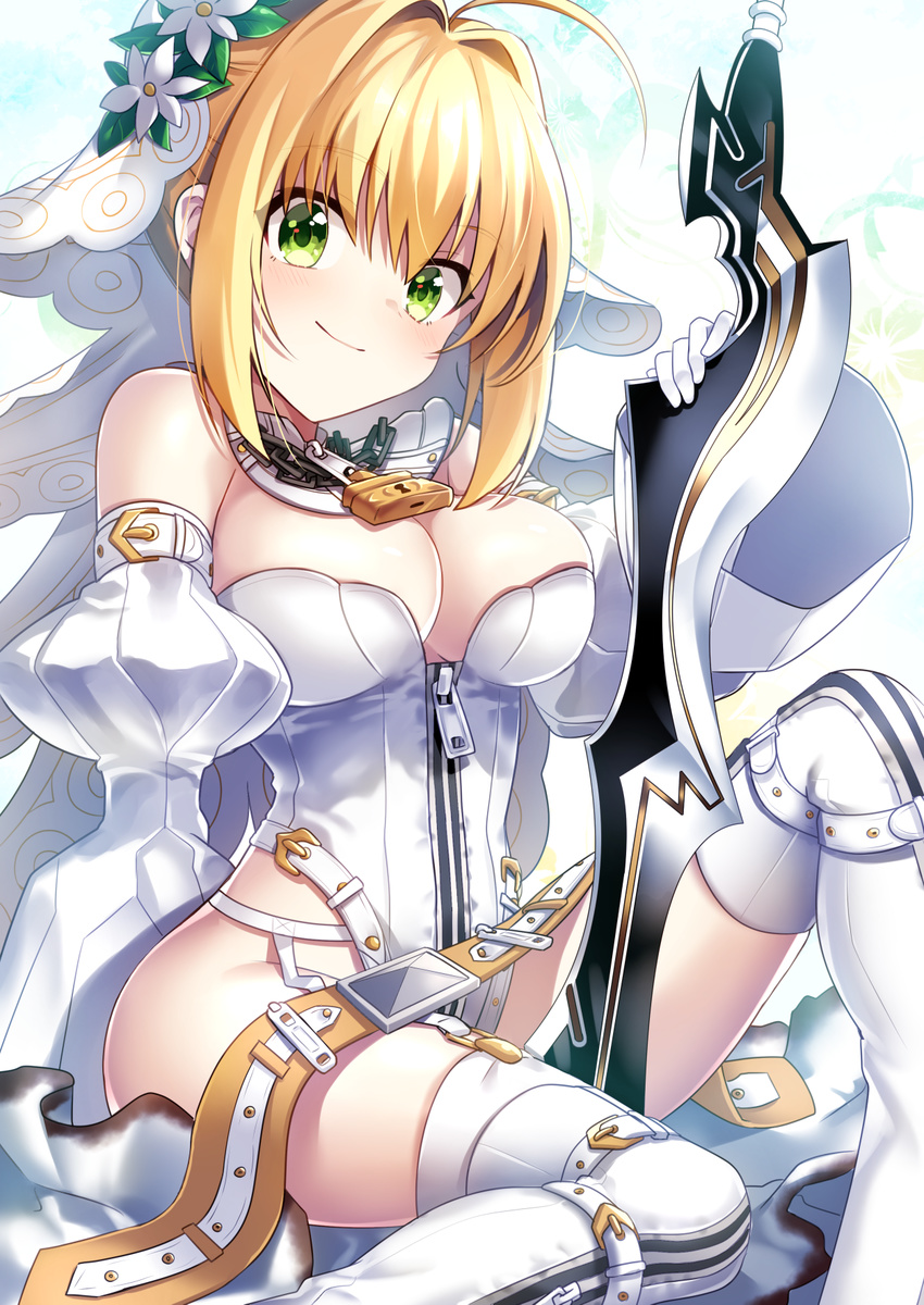 aestus_estus ahoge bad_id bad_pixiv_id bare_shoulders belt blonde_hair blush breasts chain cleavage closed_mouth commentary_request detached_sleeves fate/extra fate_(series) flower garter_belt gloves green_eyes highres ichiren_namiro large_breasts leotard lock looking_at_viewer nero_claudius_(bride)_(fate) nero_claudius_(fate)_(all) padlock sitting smile solo sword thighhighs veil weapon white_gloves white_legwear white_leotard white_sleeves zipper