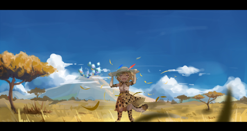 aie bad_id bad_pixiv_id blurry borrowed_garments bow bowtie closed_eyes cloud commentary day depth_of_field elbow_gloves fang gloves grass hands_on_headwear hands_up hat hat_feather highres holding kemono_friends landscape letterboxed mountain open_mouth print_legwear sandstar savannah serval_(kemono_friends) serval_print serval_tail smile solo spoilers tail tears thighhighs tree