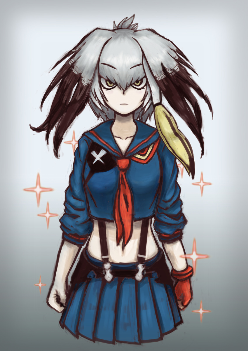absurdres arms_at_sides bangs bird_wings black_hair blonde_hair clenched_hands collarbone commentary_request cosplay cowboy_shot crop_top expressionless eyebrows_visible_through_hair fingerless_gloves gloves grey_hair head_wings highres kemono_friends kill_la_kill long_hair looking_at_viewer low_ponytail matoi_ryuuko matoi_ryuuko_(cosplay) midriff multicolored_hair nakamachi_(tebuabua) navel red_gloves school_uniform senketsu shoebill_(kemono_friends) side_ponytail single_glove skirt sparkle staring suspenders wing_collar wings yellow_eyes