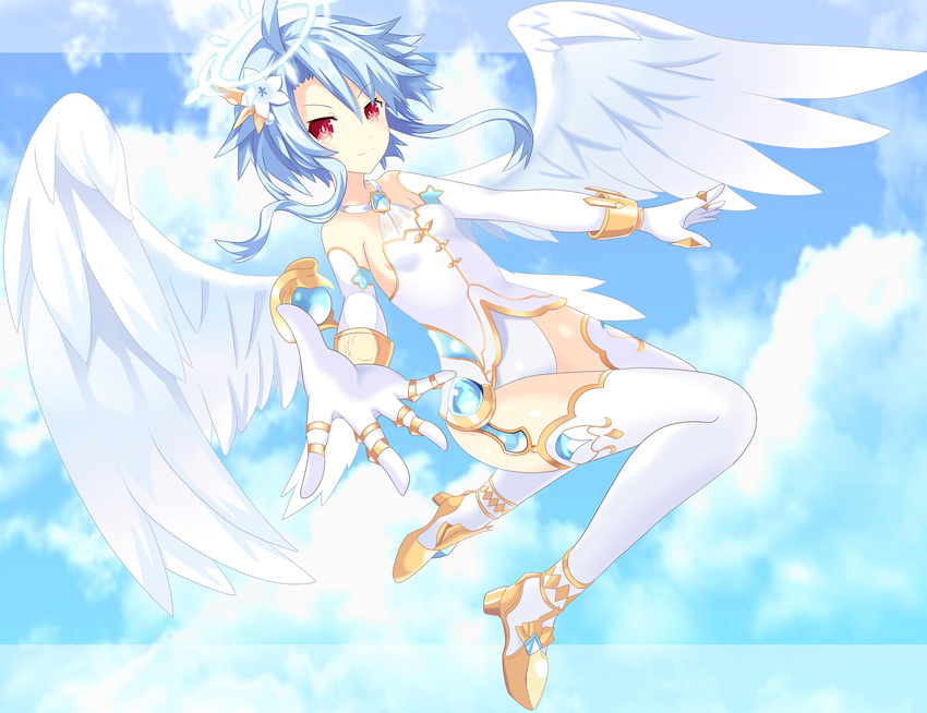 absurdres ahoge angel angel_wings blue_hair flower four_goddesses_online:_cyber_dimension_neptune gloves hair_flower hair_ornament highres leotard long_hair looking_at_viewer neptune_(series) power_symbol ramu-on@_shinon red_eyes short_hair_with_long_locks smile solo symbol-shaped_pupils white_heart wings