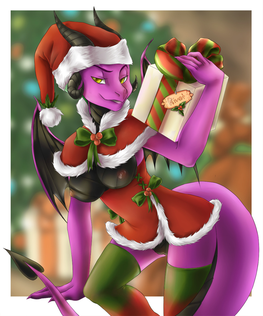 anthro breasts christmas christmas_tree dragon female holidays looking_at_viewer nipples pussy smile solo sunnyowi tree