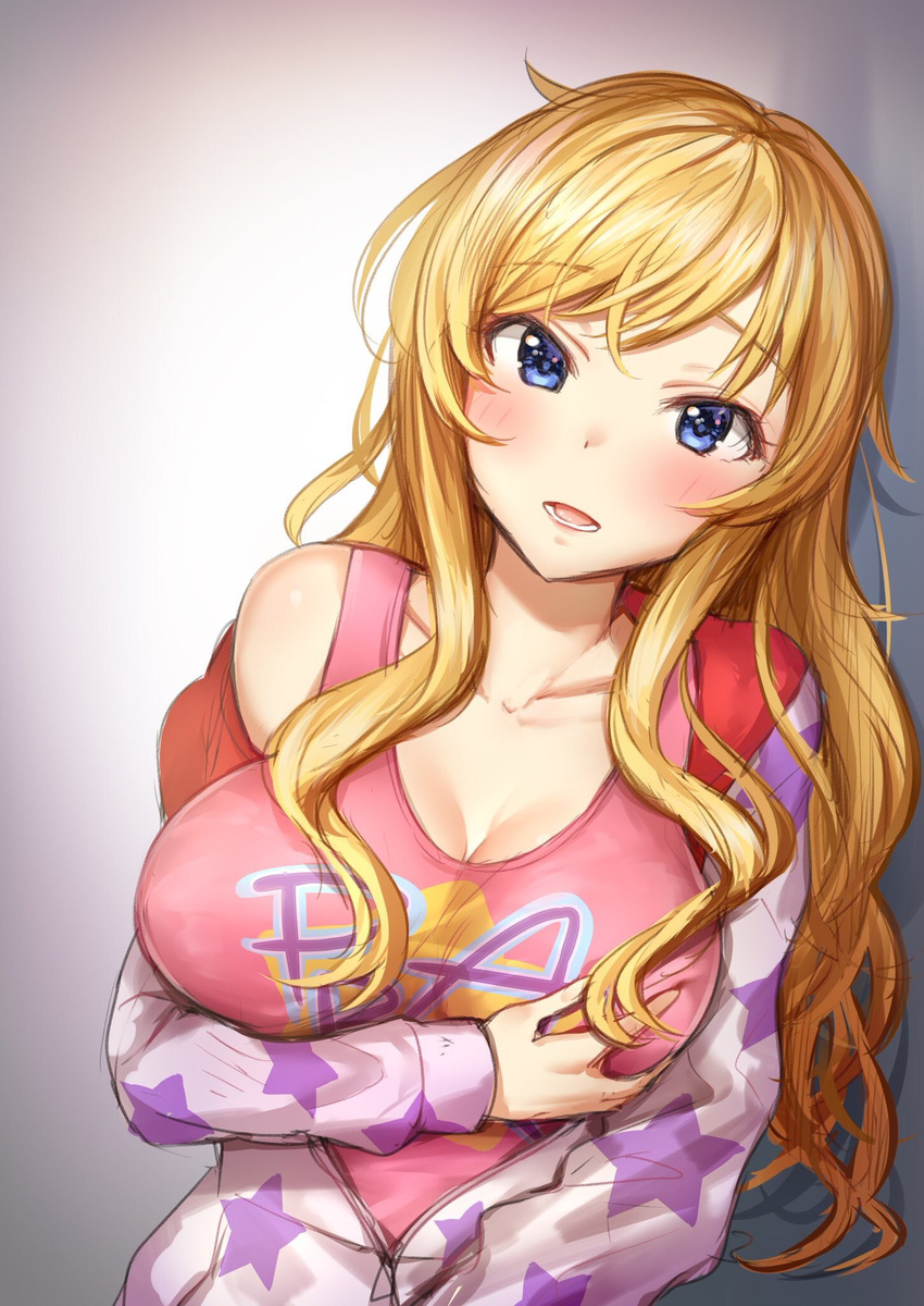 blonde_hair blue_eyes blush breast_hold breasts cleavage collarbone commentary_request highres idolmaster idolmaster_cinderella_girls large_breasts leaning_to_the_side long_hair looking_at_viewer ootsuki_yui open_mouth pink_shirt purple_sweater shirt solo star star_print sweater takeashiro