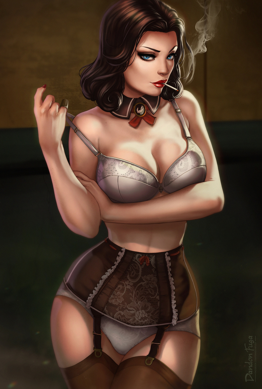 1girl alternate_costume artist_name bare_arms bare_shoulders bioshock bioshock_infinite black_hair blue_eyes bra breast_hold breasts brown_legwear cigarette cleavage closed_mouth collar collarbone contrapposto cowboy_shot curly_hair dandon_fuga detached_collar elizabeth_(bioshock_infinite) eyebrows eyeshadow frills garter_belt garter_straps girdle hand_on_own_arm highres holding_arm large_breasts legs lingerie lips lipstick looking_at_viewer makeup mouth_hold nail_polish nose off_shoulder older panties pulled_by_self red_lips red_nails seductive_smile smile smoking solo standing strap_pull thighhighs thighs underwear underwear_only watermark web_address white_bra white_panties