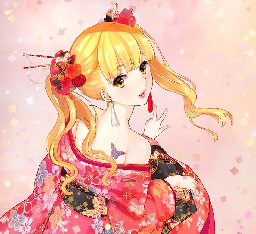 bare_shoulders blonde_hair blush bug butterfly butterfly_tattoo commentary_request earrings enkou_shoujo floral_print flower hair_ornament highres insect japanese_clothes jewelry kimono koizumi_amane lips long_hair looking_at_viewer looking_back mitsuki_mako off_shoulder tattoo twintails yellow_eyes