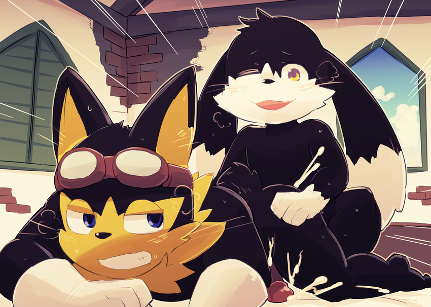 absurd_res age_difference all_fours anthro bed clothing cloud cum cum_in_ass cum_inside doggystyle eyewear from_behind_position gloves goggles guntz hands-free hi_res klonoa klonoa_(series) male male/male masshiro one_eye_closed orgasm raised_tail sex sky sweat window