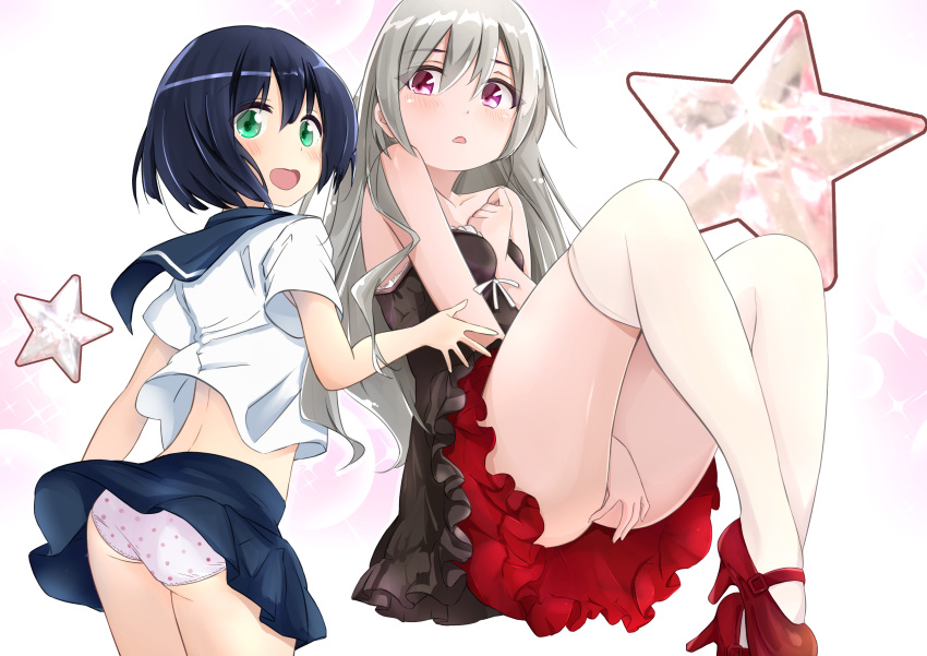 2girls absurdres amano_akari ass black_hair blush breasts green_eyes highres looking_at_viewer looking_back miyuki_(yxbt7) multiple_girls open_mouth panties pantyshot polka_dot polka_dot_panties red_eyes simple_background skirt small_breasts smile sophie_twilight star thighhighs tonari_no_kyuuketsuki-san underwear upskirt white_hair white_legwear