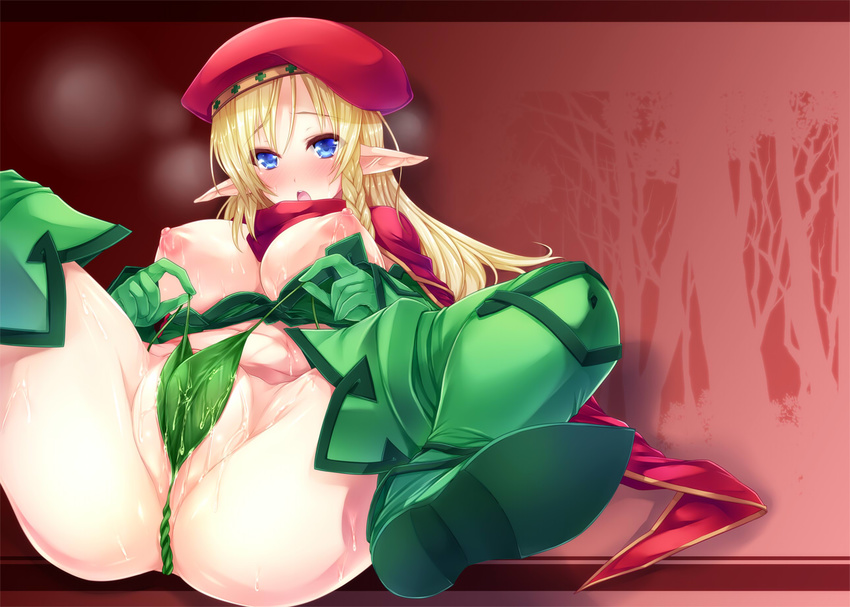 alleyne_(queen's_blade) beret blonde_hair blue_eyes blush boots braid breasts elf foreshortening gloves goban green_footwear hat heavy_breathing large_breasts leaf leaf_panties leaf_print long_hair looking_at_viewer lying nipples on_back open_mouth panties partially_visible_vulva pointy_ears presenting print_panties pulled_by_self queen's_blade red_scarf scarf side_braid solo spread_legs strap_pull sweat thigh_boots thighhighs underwear