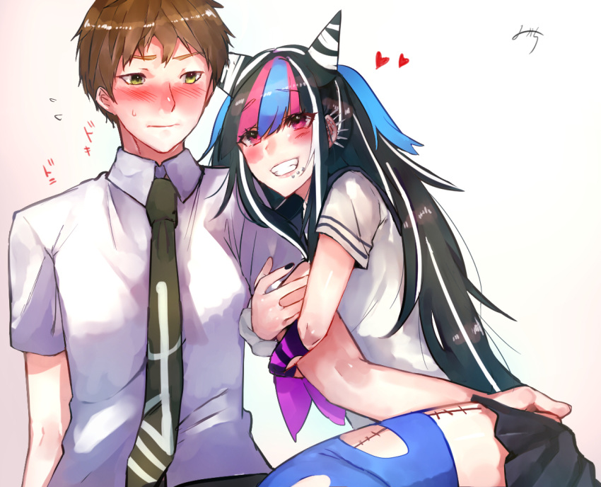 1boy 1girl arm_grab black_nails blue_legwear blush brown_hair commentary_request danganronpa danganronpa_3 ear_piercing eyebrows_visible_through_hair fingernails green_neckwear grin heart hinata_hajime jellicle341 lip_piercing long_hair looking_at_another mioda_ibuki mouth_piercing multicolored_hair nail_polish necktie piercing pink_eyes red_heart school_uniform serafuku shirt short_hair signature simple_background skirt smile stitches super_danganronpa_2 thighhighs torn_clothes torn_legwear upper_body white_background white_shirt