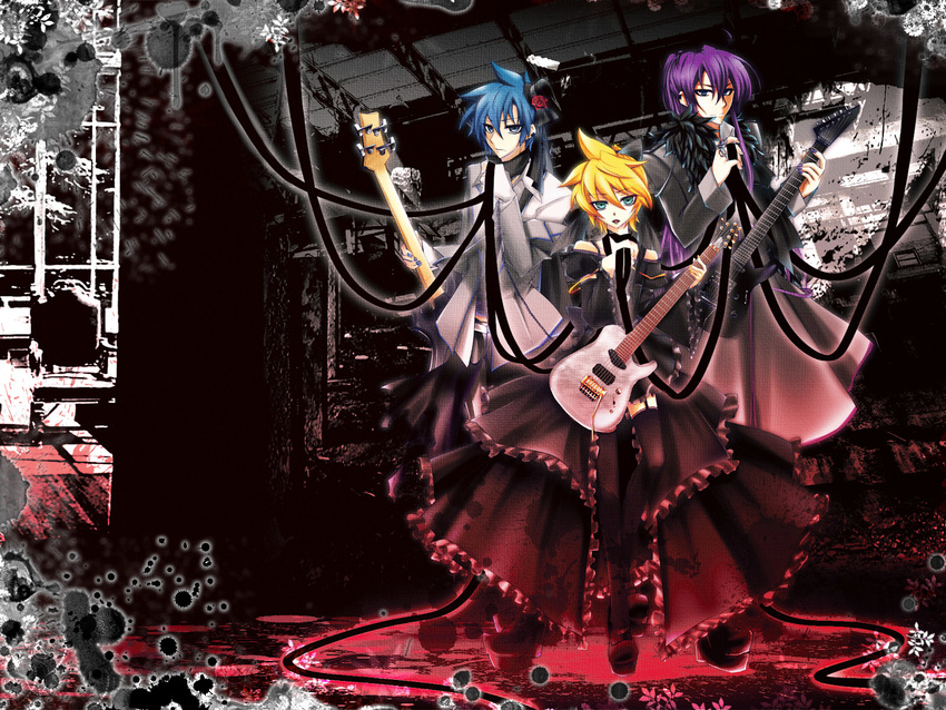 guitar haru_aki highres imitation_black_(vocaloid) instrument kagamine_len kaito kamui_gakupo long_hair male_focus multiple_boys vocaloid