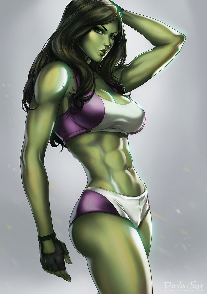 1girl abs arm_up artist_name avengers bare_arms bare_legs bare_shoulders breasts cleavage cowboy_shot dandon_fuga female fingerless_gloves green_eyes green_hair green_skin highres jennifer_walters large_breasts legs lips long_hair looking_at_viewer marvel matching_hair/eyes midriff muscle navel parted_lips she-hulk shiny shiny_skin shorts simple_background sleeveless smile solo sports_bra standing thighs watermark web_address