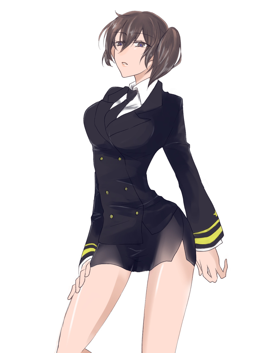 alternate_costume brown_eyes brown_hair commentary_request highres kaga_(jmsdf) kaga_(kantai_collection) kantai_collection military military_uniform shunjuu_suguru side_ponytail uniform