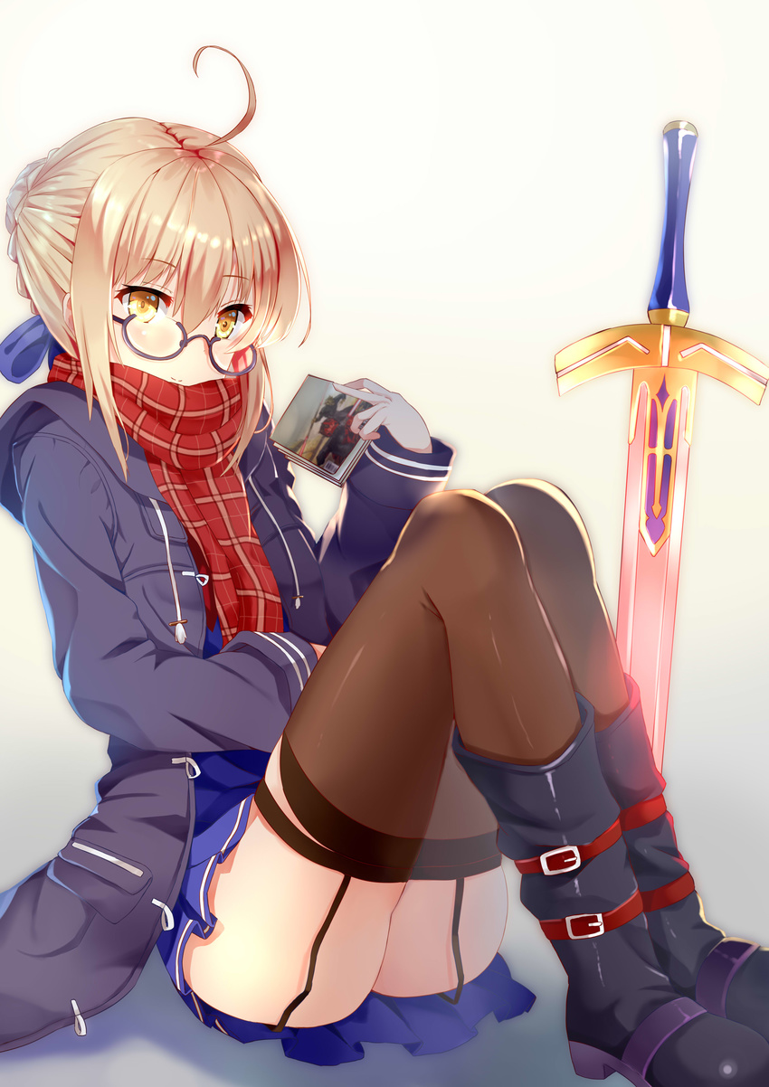 absurdres ahoge artoria_pendragon_(all) bangs black-framed_eyewear black_footwear black_jacket black_legwear blonde_hair blue_dress blue_ribbon boots braid dress excalibur fate/grand_order fate_(series) from_side garter_straps glasses hair_ribbon highres jacket knees_up long_sleeves looking_at_viewer looking_to_the_side mysterious_heroine_x_(alter) open_clothes open_jacket photo_(object) plaid plaid_scarf planted_sword planted_weapon ribbon scarf semi-rimless_eyewear short_hair sitting solo sword thighhighs thighhighs_under_boots under-rim_eyewear weapon xephonia yellow_eyes