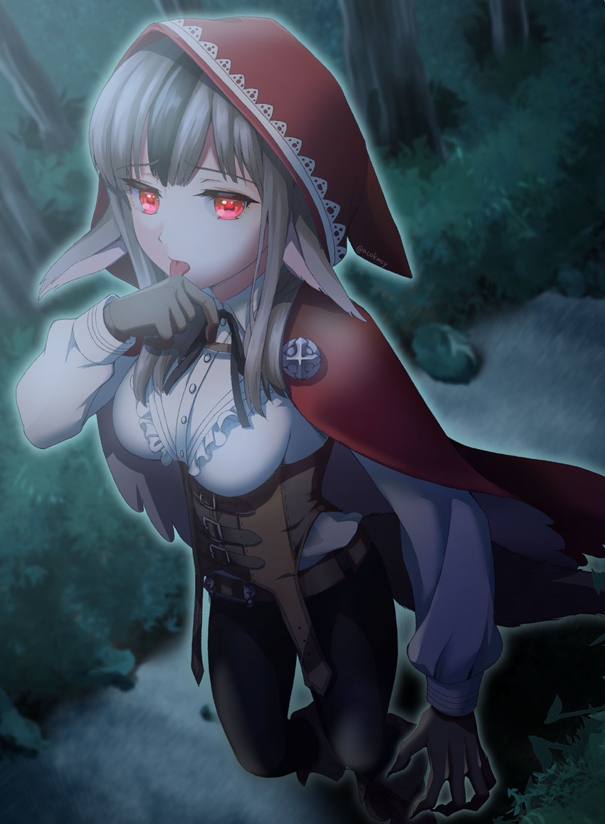 animal_ears artist_name black_hair capelet corset fire_emblem fire_emblem_if full_body gloves grey_hair highres hood kumehara_chiyota leaf long_hair multicolored_hair night red_eyes rock solo tail tongue tongue_out tree two-tone_hair velour_(fire_emblem_if) wolf_ears wolf_tail