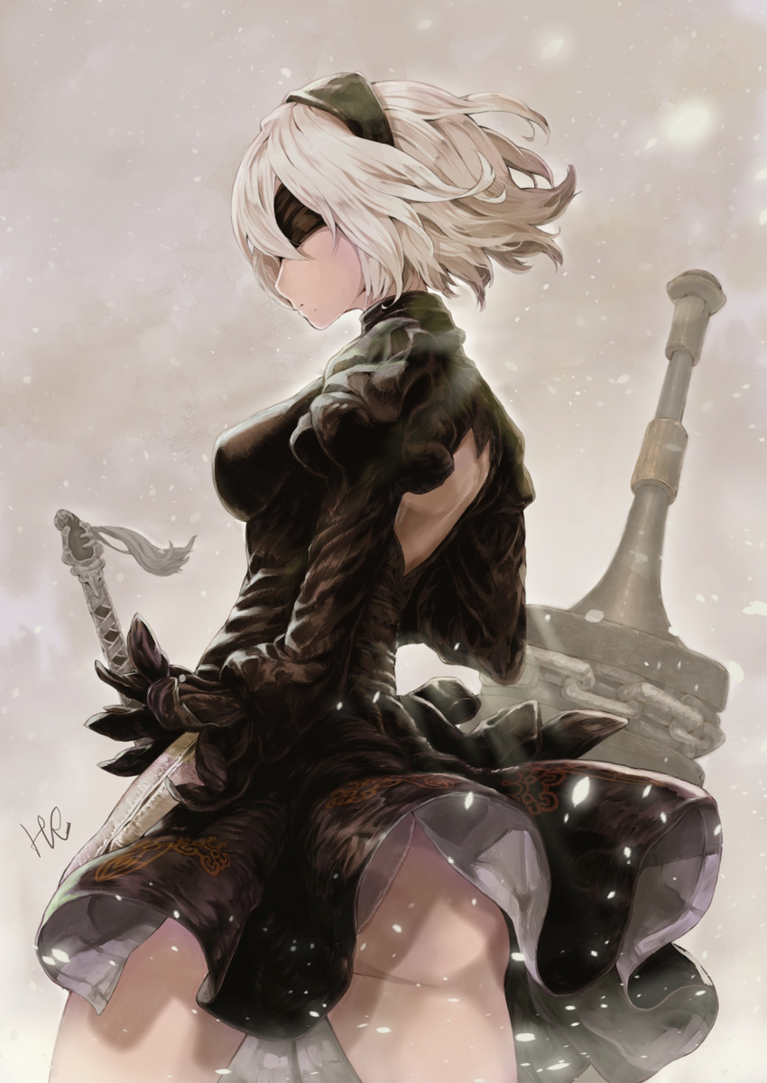 black_hairband black_legwear blindfold breasts cleavage feather-trimmed_sleeves hairband highres hoshizaki_reita medium_breasts mole mole_under_mouth nier_(series) nier_automata short_hair solo standing sword thighhighs weapon white_hair yorha_no._2_type_b