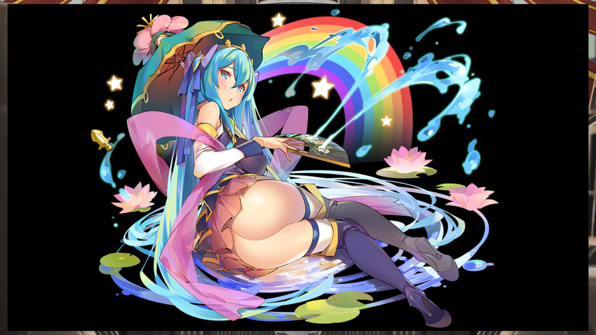 aqua_(konosuba) aqua_(konosuba)_(cosplay) ass bare_shoulders black_background blue_eyes blue_footwear blue_hair blue_legwear blush boots breasts character_request cosplay detached_sleeves fan folding_fan hagoromo hair_ribbon high_heel_boots high_heels highres holding kai-ri-sei_million_arthur kono_subarashii_sekai_ni_shukufuku_wo! large_breasts long_hair looking_at_viewer looking_back million_arthur_(series) miniskirt no_panties open_mouth pop_kyun rainbow ribbon shawl simple_background skirt solo thigh_boots thighhighs thighhighs_under_boots tiara umbrella water white_legwear