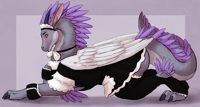 blush bow_tie clothed clothing crossdressing dragon feral legwear looking_at_viewer looking_to_side maid_costume maid_uniform marjani open_mouth purple_scales purple_skin scales scalie side_view simple_background solo stockings tagme uniform wings