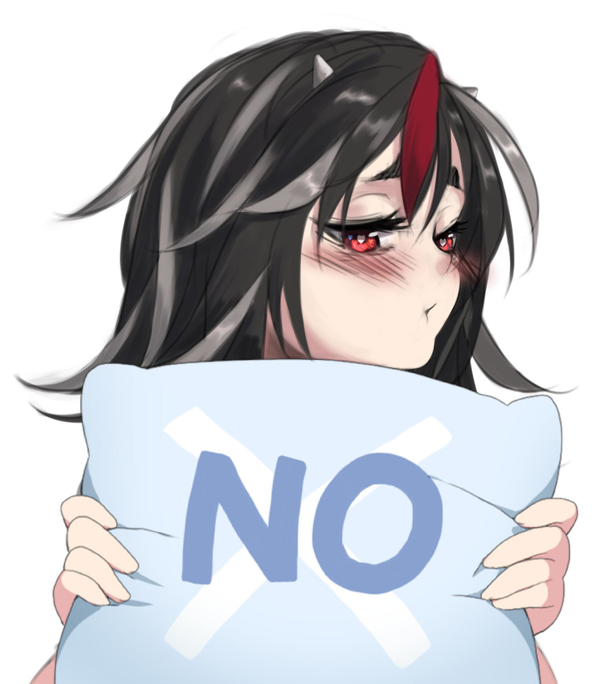 berabou black_hair blush commentary heart heart-shaped_pupils highres horns kijin_seija multicolored_hair no pillow pout red_eyes red_hair short_hair solo streaked_hair symbol-shaped_pupils thick_eyebrows touhou white_hair yes-no_pillow