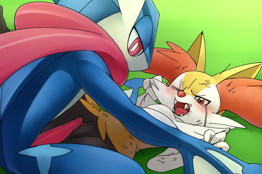 amphibian animal_genitalia anthro braixen canine crying digital_media_(artwork) duo erection female forced greninja katahane3 male male/female mammal nintendo open_mouth outside penis pink_eyes pok&eacute;mon pok&eacute;mon_(species) pussy rape red_eyes sex simple_background tears video_games