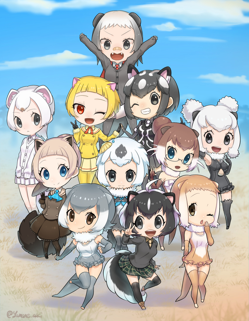 &gt;:) :&lt; :3 :d ;d ;o aki_yamane alaskan_sea_otter_(kemono_friends) animal_ears arm_at_side arm_up armpits arms_up ascot bad_perspective badger_ears bandaid bandaid_on_nose bangs bare_shoulders beige_footwear beige_gloves beige_skirt black_cardigan black_eyes black_gloves black_hair black_legwear black_swimsuit blonde_hair blue_eyes blue_neckwear blue_sky blunt_bangs boots brown_eyes brown_gloves brown_hair brown_jacket brown_shirt brown_skirt brown_swimsuit buttons californian_sea_otter_(kemono_friends) cape cardigan chibi clenched_hands cloud cloudy_sky collared_shirt commentary covering_mouth cross-laced_footwear day dot_nose double_bun elbow_gloves error eurasian_otter_(kemono_friends) eyebrows_visible_through_hair eyelashes fang fangs fingerless_gloves frilled_skirt frilled_swimsuit frills full_body fur-trimmed_sleeves fur_collar fur_trim glasses gloves gradient_hair grass green_skirt grey_cardigan grey_eyes grey_gloves grey_hair grey_legwear grey_shirt grey_skirt grey_swimsuit grin ground hair_bun hand_up hands_together hands_up highres honey_badger_(kemono_friends) index_finger_raised jacket japanese_marten_(kemono_friends) japanese_otter_(kemono_friends) jewelry kemono_friends leg_lift light_brown_hair long_hair long_sleeves looking_at_another looking_at_viewer looking_to_the_side marten_ears medium_hair multicolored multicolored_clothes multicolored_hair multicolored_swimsuit multiple_girls neck_ribbon neckerchief necklace necktie one-piece_swimsuit one_eye_closed open_hand open_mouth otter_ears otter_tail outdoors own_hands_together pantyhose plaid plaid_skirt pleated_skirt red_cape red_eyes red_neckwear red_ribbon ribbon sable_(kemono_friends) sable_ears sable_tail semi-rimless_eyewear shadow shell_hair_ornament shell_necklace shiny shiny_hair shirt shoelaces short_hair short_sleeves silver-framed_eyewear skirt skunk_ears skunk_girl skunk_tail sky sleepy small-clawed_otter_(kemono_friends) smile spotted_skunk_(kemono_friends) standing standing_on_one_leg stoat_(kemono_friends) stoat_ears strapless strapless_swimsuit striped_skunk_(kemono_friends) swimsuit symmetrical_hand_pose tail tareme tears teeth thighhighs tree tsurime twitter_username two-tone_hair under-rim_eyewear upper_teeth v v-shaped_eyebrows vest waving white_hair white_neckwear white_shirt white_skirt white_swimsuit yawning yellow_jacket yellow_legwear yellow_neckwear zettai_ryouiki