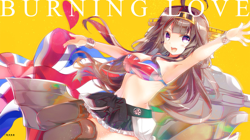 ahoge bikini bikini_top black_legwear black_skirt blush breasts brown_hair cleavage commentary_request english eyebrows_visible_through_hair flag_print headband heart heco_(mama) highres kantai_collection kongou_(kantai_collection) large_breasts long_hair looking_at_viewer open_mouth pantyhose print_bikini purple_eyes skirt smile solo swimsuit thighhighs union_jack union_jack_bikini wallpaper wristband yellow_background