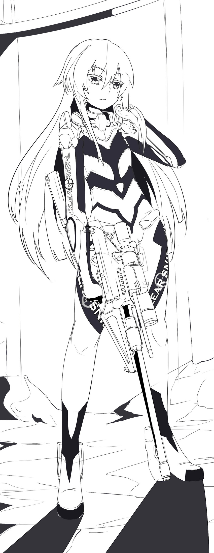 absurdres bodysuit breasts eyebrows_visible_through_hair greyscale gun heavy_object highres holding holding_gun holding_weapon julioalqae mariydi_whitewitch monochrome rifle sketch small_breasts solo weapon