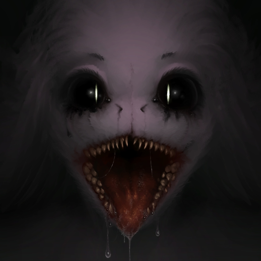 ambiguous_fluid black_sclera drooling excessive_saliva fur glowing glowing_eyes hair long_hair looking_at_viewer monster purple_fur purple_hair ragon_lear saliva saliva_string scar sharp_teeth smile spit_bubbles tears teeth tongue tongue_out white_iris
